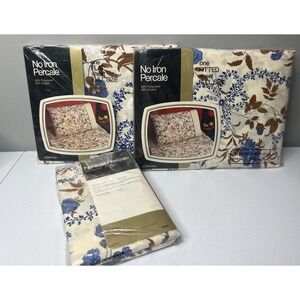 Vtg Jc Penney Full Size Sheet Set Full Flat Pillowcases Brown Blue Floral MCM
